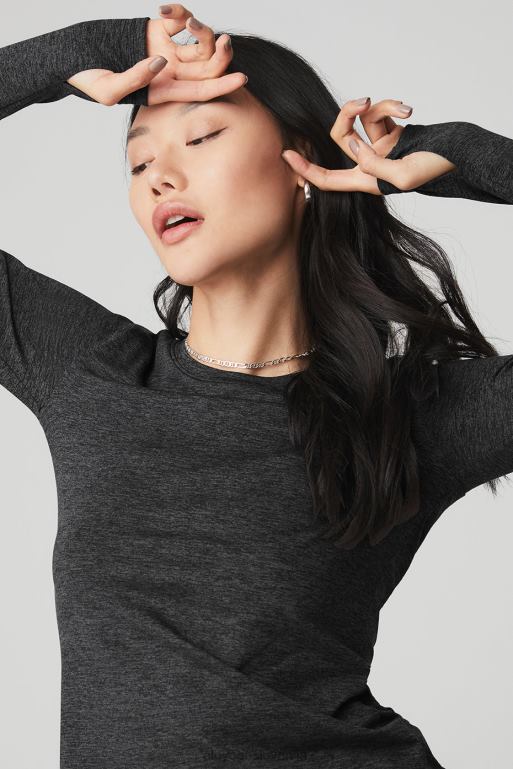 ženske alosoft finesse majica z dolgimi rokavi Alo Yoga oblačila temno vresno siva X862Z652